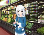  1girl :o blue_eyes blush box broccoli carrot english_commentary fish_tail flat_chest gawr_gura green_bean highres holding holding_box hololive hololive_english looking_to_the_side medium_hair mint mofumancy open_mouth shark_tail silver_hair solo supermarket tail theft two_side_up virtual_youtuber 