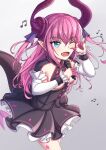  1girl absurdres asymmetrical_horns blue_eyes corset cowboy_shot curled_horns dragon_girl dragon_horns dragon_tail elizabeth_bathory_(fate) elizabeth_bathory_(fate)_(all) fate/grand_order fate_(series) highres holding holding_microphone horns idol long_hair microphone musical_note one_eye_closed pink_hair pointy_ears solo standing tail yjgo_pp 