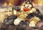  abs anthro black_body black_fur black_sclera blush bodily_fluids body_hair bulge canid canine canis chain chest_hair clothed clothing domestic_dog fur garmr hot_spring looking_at_viewer male mammal mono_g muscular muscular_anthro muscular_male nipples one_eye_closed open_mouth partially_submerged pecs solo steam sweat tan_body tan_fur tokyo_afterschool_summoners tongue tongue_out topless underwear vein video_games water white_clothing white_underwear wink yellow_eyes 
