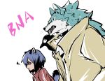  absurd_res anthro blue_hair brand_new_animal canid canine canis clothed clothing fur grey_body grey_fur hair hi_res lslkawa531 mammal michiru_kagemori open_mouth pink_text puffed_cheeks raccoon_dog red_clothing red_topwear shirou_ogami simple_background studio_trigger tanuki teeth text topwear white_background wolf 