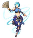  1girl argyle_cutout bare_shoulders black_footwear blue_eyes blue_hair bracelet breasts closed_mouth clothing_cutout cosplay detached_sleeves fire_emblem fire_emblem_fates full_body gurimjang hair_over_one_eye hairband highres holding jewelry large_breasts leg_up long_sleeves looking_at_viewer midriff navel orochi_(fire_emblem) orochi_(fire_emblem)_(cosplay) sandals setsuna_(fire_emblem) short_hair smile solo standing standing_on_one_leg stomach tassel white_hairband 