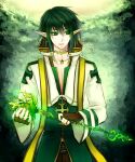  1boy alternate_color archbishop_(ragnarok_online) bangs black_gloves brown_pants coat commentary_request cross cross_necklace eyebrows_visible_through_hair fingerless_gloves gloves green_background green_coat green_eyes green_hair green_nails high_collar holding holding_staff jewelry long_sleeves looking_to_the_side male_focus medium_hair necklace open_mouth pants pointy_ears ragnarok_online retgra solo staff upper_body white_coat 