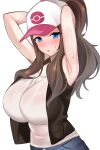  1girl absurdres armpits arms_up baseball_cap black_vest blush breasts brown_hair commentary covered_navel cowboy_shot enishi96 eyebrows_visible_through_hair hat highres hilda_(pokemon) large_breasts lips long_hair looking_at_viewer open_clothes open_vest parted_lips poke_ball_print pokemon pokemon_(game) pokemon_bw ponytail shirt simple_background sleeveless solo sweat sweatdrop taut_clothes taut_shirt vest wet wet_clothes wet_shirt white_background white_headwear white_shirt 