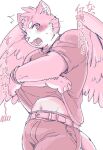  anthro belt blush bodily_fluids bottomwear bracelet clothed clothing domestic_cat felid feline felis fur jewelry male mammal open_mouth pants partially_clothed shirt simamanta simple_background sitri solo surprise sweat sweatdrop teeth tokyo_afterschool_summoners topwear undressing video_games whiskers white_background wings 