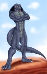  absurd_res anthro blue_sky cobra day desert flameydragwasp hi_res male muscular muscular_anthro muscular_male nude reptile scalie sky snake solo standing 