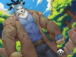  black_sclera blue_body blue_fur bulge canid canine canis chojuro_kon cigar clothed clothing dreadlocks forest fur hi_res male mammal multicolored_body multicolored_fur my_hero_academia outside plant ratontheraccoon smoke smoking solo tree two_tone_body two_tone_fur white_body white_fur wolf 