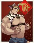  1boy abs absurdres animal_ears animal_print ass bara bare_arms bare_pecs bare_shoulders bell black_hair blonde_hair bulge bursting_pecs chest_harness chinese_zodiac cow_boy cow_ears cow_horns cow_print cowboy_shot denim denim_shorts from_side green_eyes happy_new_year harness highres horns jimsdaydreams large_pectorals leather male_focus mature_male multicolored_hair muscular muscular_male navel neck_bell new_year nipples original panties pectorals print_panties short_hair shorts sideburns solo stomach thick_eyebrows two-tone_hair underwear year_of_the_ox 