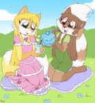  anthro barefoot beverage blonde_hair blue_eyes brown_body brown_eyes brown_fur brown_hair brown_nose canid canine clothed clothing cute_fangs dipstick_tail dress duo feet female fox fuf fur hair hi_res mammal multicolored_tail open_mouth outside pawpads paws pink_nose procyonid raccoon ringtail tea teapot toes yellow_body yellow_fur young 
