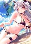  1girl antenna_hair azur_lane bangs bare_shoulders beach bikini black_bikini black_choker black_ribbon blue_sky blush breasts choker cleavage cloud collarbone commentary_request covered_nipples cowboy_shot cross cross_earrings day earrings eyebrows_visible_through_hair flag_print german_flag_bikini glint groin hair_between_eyes iron_cross jewelry large_breasts long_hair looking_at_viewer midriff mole mole_on_breast multicolored_hair navel ocean outdoors palm_tree parted_lips pontaro18 prinz_eugen_(azur_lane) prinz_eugen_(unfading_smile)_(azur_lane) red_hair ribbon side-tie_bikini sidelocks silver_hair sitting sky solo streaked_hair sunlight swept_bangs swimsuit thigh_strap tree two_side_up underboob untied untied_bikini very_long_hair wet yokozuwari 