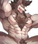  abs anthro bodily_fluids body_hair brown_body brown_fur brown_hair canid canine canis chest_hair chung0_0 fur genitals green_eyes hair hi_res male mammal muscular muscular_anthro muscular_male nipples nude open_mouth pecs penis penis_base pubes re:zero ricardo_welkin sharp_teeth simple_background solo sweat sweatdrop teeth white_background wolf 