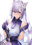  1girl bangs bare_shoulders blush braid breasts choker double_bun dress frilled_sleeves frills genshin_impact gloves hair_bun hair_ornament hairclip half-closed_eyes hand_in_hair highres keqing_(genshin_impact) large_breasts long_hair looking_at_viewer open_mouth purple_eyes purple_gloves purple_hair simple_background solo twintails white_background xkirara39x 