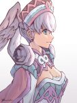  1girl blue_eyes braid breasts cape crown_braid curly_hair dress hat head_wings holding juliet_sleeves long_hair long_sleeves medium_breasts melia_antiqua phrecklesart puffy_sleeves silver_hair simple_background smile solo upper_body white_background xenoblade_chronicles xenoblade_chronicles_(series) 