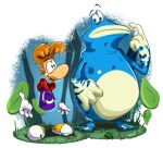  2019 4_fingers amphibian anthro blue_eyes clothing disembodied_hand disembodied_head duo eggmanfan91 fingers footwear globox grass hi_res male membrane_(anatomy) open_mouth plant rayman rayman_(series) raypeople_(rayman) ubisoft video_games webbed_feet 