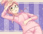  1girl alternate_costume alternate_hairstyle blue-framed_eyewear commentary_request cowboy_shot glasses hair_bun hood hooded_sweater hoodie kantai_collection long_sleeves makigumo_(kancolle) pants pink_hair pink_pants pink_sweater solo sweater toge_nbo yellow_eyes 