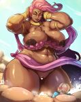  1boy 1girl areolae belly blush blush_stickers breasts censored closed_eyes curvy dark_skin dark_skinned_female giant giantess great_fairy heart heart_censor highres huge_breasts jujunaught link lips nipples pink_hair plump pussy shiny shiny_skin size_difference smile the_legend_of_zelda the_legend_of_zelda:_breath_of_the_wild 