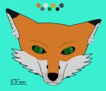  2021 ambiguous_gender black_eartips canid canine cheek_tuft color_swatch cyan_background digital_drawing_(artwork) digital_media_(artwork) ear_tuft facial_tuft feral fox fur green_eyes looking_at_viewer mammal orange_body orange_fur signature simple_background solo tuft 