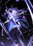  1girl absurdres black_gloves black_legwear cloud commentary_request genshin_impact gloves highres holding holding_sword holding_weapon keqing_(genshin_impact) kuronoiparoma lightning looking_back purple_eyes purple_hair purple_skirt skirt solo sword twintails weapon 