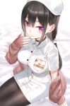  1girl black_hair black_legwear breasts choker eyeliner grin hat highres kfr long_hair makeup name_tag nurse nurse_cap off_shoulder original pantyhose purple_eyes sitting sleeves_past_wrists smile solo 