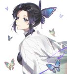  1girl bangs black_jacket blue_butterfly bug butterfly butterfly_hair_ornament from_behind from_side green_butterfly hair_ornament haori highres insect jacket japanese_clothes kimetsu_no_yaiba kochou_shinobu oshage_(user_kpsn5534) parted_bangs purple_eyes purple_hair simple_background smile solo upper_teeth white_background 