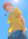  1boy absurdres beitemian blue_pants brown_eyes brown_hair child clear_sky day facial_mark from_below highres itadori_yuuji jujutsu_kaisen looking_at_viewer male_focus midriff_peek outdoors pants petals pink_hair shirt short_hair sky smile solo spiked_hair sunlight undercut whistle whistle_around_neck wind wind_lift yellow_shirt younger 