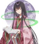  1girl black_hair book eyebrows_visible_through_hair fate/grand_order fate_(series) hair_between_eyes hime_cut holding holding_book japanese_clothes kimono layered_clothing layered_kimono long_hair long_sleeves murasaki_shikibu_(fate) oshage_(user_kpsn5534) pink_kimono purple_eyes reading smile solo upper_body very_long_hair wide_hips 