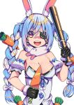  1girl :d absurdres animal_ear_fluff animal_ears bangs bare_shoulders baseball_bat black_eyepatch black_gloves blue_hair braid breasts bunny_ears carrot_hair_ornament chai_mao cleavage cosplay detached_sleeves don-chan_(usada_pekora) eyepatch food_themed_hair_ornament fur-trimmed_gloves fur_scarf fur_trim gloves hair_ornament highres hikimayu holding holding_baseball_bat hololive large_breasts long_hair looking_at_viewer majima_gorou majima_gorou_(cosplay) multicolored_hair open_mouth puffy_short_sleeves puffy_sleeves rabbit_girl ryuu_ga_gotoku scarf short_eyebrows short_sleeves smile solo strapless swept_bangs twin_braids twintails two-tone_hair upper_teeth usada_pekora virtual_youtuber white_hair white_scarf white_sleeves 