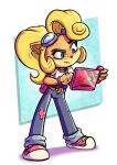  2020 absurd_res activision anthro belt blonde_hair clothed clothing coco_bandicoot crash_bandicoot_(series) ear_piercing ear_ring eggmanfan91 eyewear female fingers footwear fully_clothed goggles goggles_on_head green_eyes hair hi_res holding_object long_hair mammal marsupial piercing solo video_games 