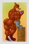  activision anthro arched_back arm_support back_muscles bandicoot blue_eyes border butt butt_focus clothing crash_bandicoot_(series) crate crunch_bandicoot dripping eating food footwear footwear_only fruit fur hi_res holding_food holding_fruit holding_object hunnipanda looking_at_viewer male mammal marsupial mostly_nude muscular muscular_anthro muscular_male narrowed_eyes plant prosthetic prosthetic_arm prosthetic_limb rear_view red_body red_clothing red_footwear red_fur red_shoes shoes shoes_only solo video_games wumpa_fruit 
