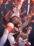  2girls aiming amber_(genshin_impact) animal_ears armpits ass baron_bunny_(genshin_impact) bow breasts brown_hair brown_shorts bunny_ears crossbow fire from_behind genshin_impact ginklaga goggles goggles_on_head hair_bow long_hair looking_back multiple_girls open_mouth short_shorts shorts solo thighhighs 