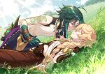  2boys aether_(genshin_impact) ahoge ar_(rikuesuto) arm_tattoo bangs bead_necklace beads blonde_hair braid closed_eyes cloud day facial_mark forehead_mark genshin_impact gloves gradient_hair grass green_hair hair_between_eyes imminent_kiss jewelry long_hair lying male_focus mask multicolored_hair multiple_boys necklace on_back outdoors pants parted_lips single_braid single_earring sky tattoo xiao_(genshin_impact) yaoi 