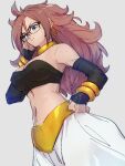  1girl android_21 blue_eyes breasts choker cleavage closed_mouth dragon_ball dragon_ball_fighterz earrings glasses grey_background hand_on_hip hoop_earrings jewelry kemachiku long_hair looking_at_viewer majin_android_21 medium_breasts midriff navel red_hair simple_background smile solo yellow_choker 