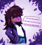  2019 anthro clothed clothing deltarune dialogue eggmanfan91 english_text female fully_clothed hair hair_over_eyes hi_res long_hair scalie smile solo speech_bubble susie_(deltarune) teeth text video_games 