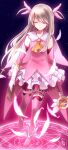  1girl ahoge black_legwear blonde_hair boots card closed_eyes detached_sleeves dress earrings fate/kaleid_liner_prisma_illya fate_(series) feathers frilled_skirt frills garters gloves hair_ribbon illyasviel_von_einzbern jewelry kuruwa223 long_hair magic magic_circle magical_girl necktie pink_dress pink_footwear pink_ribbon pink_sleeves prisma_illya ribbon skirt smile solo star_(sky) thigh_boots thigh_strap thighhighs wand white_gloves 