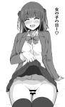  absurdres akiamare bar_censor censored female_pubic_hair greyscale highres lifted_by_self monochrome no_penis original pubic_hair pussy school_uniform sitting skirt skirt_lift thighhighs translation_request two_side_up 