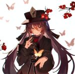  1girl bangs black_coat black_headwear blush breasts brown_hair bug butterfly coat flower genshin_impact hat hat_flower hu_tao insect long_hair long_sleeves looking_at_viewer plum_blossoms red_eyes small_breasts smile soukou_makura symbol-shaped_pupils twintails very_long_hair 