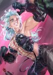  1boy 1girl abs blonde_hair blood blue_eyes breasts chen_yue dorohedoro earrings glasses gloves highres jewelry long_hair mask muscular muscular_female necktie noi_(dorohedoro) open_mouth red_eyes smile white_hair 