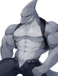  abs animal_genitalia anthro belt black_bottomwear black_clothing black_pants black_sclera bottomwear chung0_0 clothed clothing dorsal_fin fin fish genital_slit genitals gills grey_body hi_res male marine muscular muscular_anthro muscular_male open_bottomwear open_clothing open_pants pants pecs shark simple_background slit solo topless white_background yellow_eyes 