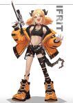  1girl absurdres alternate_costume arknights black_shorts black_sports_bra character_name choker commentary demon_girl demon_horns demon_tail explosive fang full_body grenade grin gun highres holding holding_gun holding_weapon horns ifrit_(arknights) jacket leg_wrap low_twintails medium_hair midriff navel off_shoulder open_clothes open_jacket open_mouth orange_footwear orange_jacket oripathy_lesion_(arknights) red_eyes rhine_lab_logo shadow shorts smile solo sports_bra standing tail tied_hair twintails v-shaped_eyebrows weapon white_background yoon_cook 