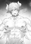  1boy abs animal_ears bandaid bandaids_on_nipples bara bell blush breath chinese_zodiac completely_nude cow_boy cow_ears cow_horns greyscale haiki_(tegusu) highres horns lactation large_pectorals looking_at_viewer male_focus male_lactation messy_hair monochrome muscular muscular_male navel navel_hair neck_bell nipples nude original pasties short_hair solo stomach sweat textless upper_body year_of_the_ox 