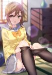  1girl :o absurdres bag bangs black_legwear blurry blurry_background bow bowtie breasts brown_hair cardigan chest_of_drawers dressing eyebrows_visible_through_hair eyes_visible_through_hair grey_sailor_collar grey_skirt highres knees_up kunikida_hanamaru legs_up long_hair long_sleeves looking_at_viewer love_live! love_live!_sunshine!! medium_breasts open_mouth orange_neckwear pantyhose pleated_skirt sailor_collar school_bag school_uniform serafuku sitting skirt solo thighs uranohoshi_school_uniform window yamaori_(yamaorimon) yellow_cardigan yellow_eyes 