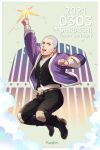  1boy :d artist_name belt black_eyes black_pants black_vest buzz_cut character_name clenched_hand dated facial_hair foxvulpine full_body goatee golden_kamuy grey_hair happy_birthday highres jumping male_focus open_mouth pants pointing pointing_up shiraishi_yoshitake short_hair sideburns smile solo very_short_hair vest 