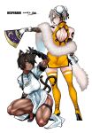  2girls absurdres animal_ear_fluff animal_ears ass back back_cutout bare_legs black_footwear black_gloves black_hair blue_eyes boots breasts bun_cover cat_ears cat_tail china_dress chinese_clothes clothing_cutout dark_skin dark_skinned_female desperado_(yotaro) detached_sleeves double_bun dress earrings fan feather_boa fishnet_sleeves folding_fan gloves hair_over_one_eye high_heel_boots high_heels highres holding holding_fan jewelry large_breasts mao_(yotaro) multiple_girls multiple_tails muscular muscular_female no_bra one_knee panties short_dress shoulder_tattoo side-tie_panties simple_background slit_pupils squatting tachibana_rikka tail tail_ornament tail_ring tattoo thick_thighs thigh_boots thighhighs thighs underwear white_background white_gloves yellow_dress yotaro 