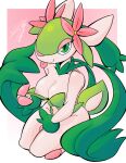  absurd_res accessory anthro breasts cervid eyelashes fak&eacute;mon faunazon female flower flower_in_hair green_body green_eyes hair hair_accessory hi_res hooves jomaro_(artist) looking_at_viewer mammal nintendo nipples plant pok&eacute;mon signature solo tongue tongue_out video_games 