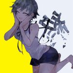  1girl absurdres background_text backless_outfit blue_shorts blush breasts brown_hair closed_eyes dress happy highres medium_breasts oikura_sodachi shirt short_hair shorts shoulders smile solo tbrsnsk yellow_background zoku_owarimonogatari 