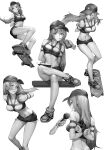  1girl absurdres arms_behind_back baseball_cap bdsm bondage bound bound_arms chen_zi commentary_request drinking drinking_straw grin hat highres long_hair microphone midriff monochrome navel original shibari shoes short_shorts shorts sitting skateboard skindentation smile sneakers tied_up 