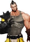  1boy bandaid bandaid_on_face bara beard black_eyes black_hair cigar cowboy_shot cyphers damian_doyle_(cyphers) facial_hair grey_tank_top large_pectorals looking_at_viewer male_focus mature_male mohawk muscular muscular_male short_hair single_bare_shoulder solo tank_top veins won_(won_uom) 