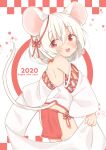  2020 absurdres animal_ears ass blush butt_crack from_behind happy_new_year highres japanese_clothes looking_back minato_yu_(0514) mouse_ears mouse_tail new_year no_panties open_mouth original pelvic_curtain red_eyes shirt short_hair smile tail white_hair white_shirt 