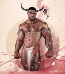  1boy abs animal_ears arm_tattoo bara bare_pecs beard black_hair bound bound_wrists bulge chest_tattoo chinese_text chinese_zodiac cow_boy cow_ears cow_horns dark_skin dark_skinned_male facial_hair feet_out_of_frame happy_new_year horns large_pectorals leg_tattoo looking_at_viewer male_focus mature_male muscular muscular_male navel navel_hair new_year nipples original pelvic_curtain raised_eyebrow realistic rope short_hair shoulder_tattoo silverjow solo stomach tattoo thick_thighs thighs translation_request year_of_the_ox 