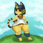  1:1 absurd_res animal_crossing ankha_(animal_crossing) anthro bottomless clothed clothing domestic_cat dwn000 felid feline felis female genitals hi_res mammal nintendo pussy short_stack solo thick_thighs video_games wide_hips 