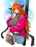  1girl absurdres ahoge alternate_costume bag bangs belt blonde_hair braid breasts casual cloud coffee day denim dragon_girl dragon_horns drinking eyebrows_visible_through_hair highlights highres holding hololive horns jacket jeans kiryuu_coco lamppost large_breasts logo_parody long_hair long_sleeves multicolored_hair navel open_clothes open_jacket orange_hair outdoors pants parody red_eyes side_braid simple_background single_braid sky slit_pupils solo standing sweater turtleneck turtleneck_sweater very_long_hair virtual_youtuber yo_na 